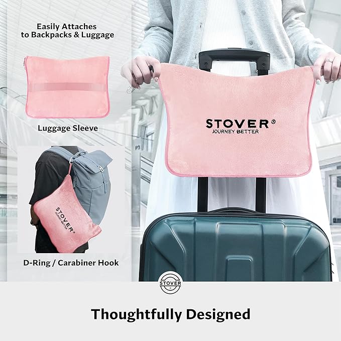 STOVER 2-in-1 Combo Airplane Travel Blanket & Pillow Bag- Lightweight, Compact, Packable, Warm Premium Fleece Set for Long Flights- w/Luggage Sleeve & Backpack Clip- for Men, Women & Families (Pink)