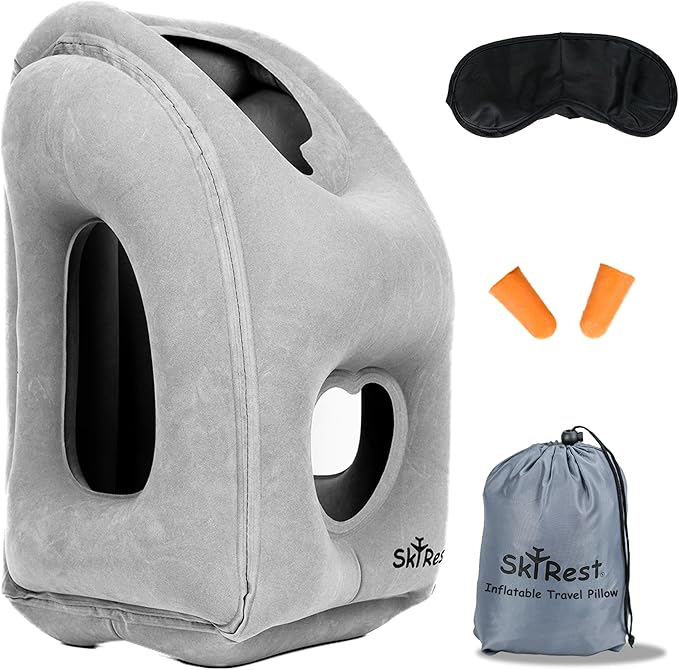 Inflatable Travel Pillow - Airplane Pillow for Neck Support on Long Flights, Buses, Cars, Office & Trains - Comes with Eye Mask, Earplugs & Portable Drawstring Bag - Grey