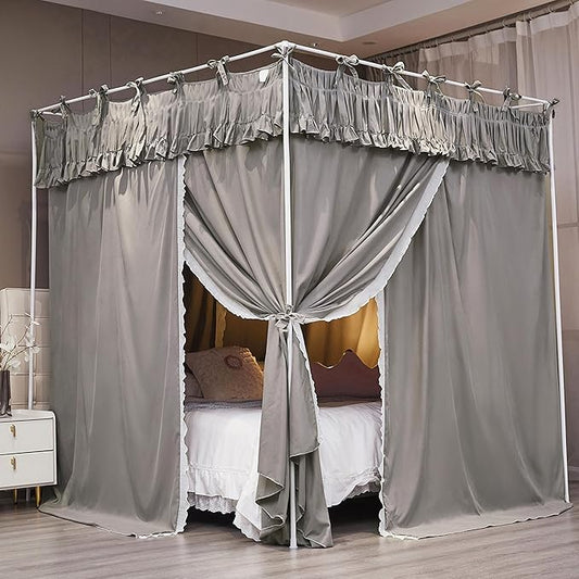 Ruffle Lace up 4 Corners Post Princess Curtain Bed Canopy Cozy Breathable Mosquito Net Cloth for Girls Adults Bedroom Decoration (Grey, 78" W*86" L*82" H/King)