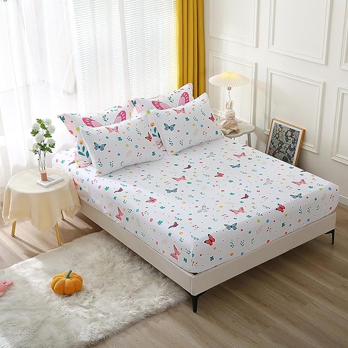 Girls Butterfly Fitted Sheet Set for Kids Teens Colorful Flowers Bed Sheet Queen Size 3D Print Dreaming Style Sheet Set 3 Piece