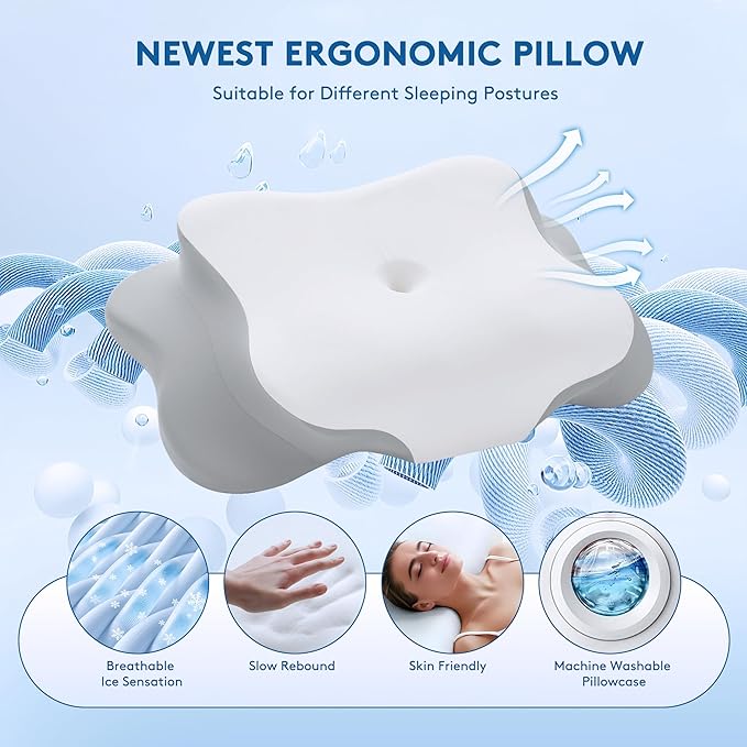 Cervical Pillow for Neck Pain Relief, Cooling Contour Memory Foam Pillows Support Odorless Ergonomic Neck Pillow Adjustable Orthopedic Bed Pillow for Side Back Stomach Sleeper with Pillowcase