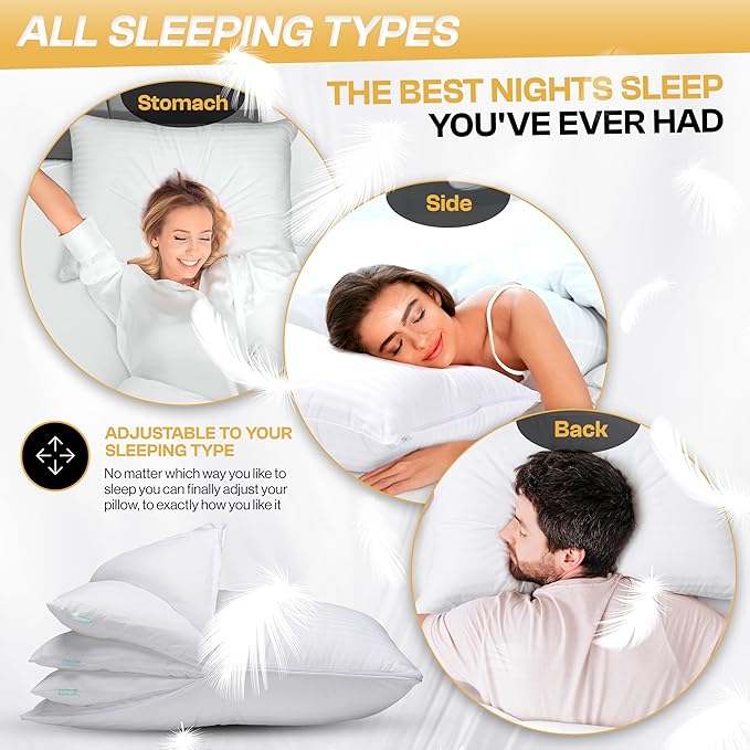 EverSnug Goose Feather Adjustable Layer Pillows for Sleeping - Set of 2, Cooling, Luxury Pillows for Back, Stomach or Side Sleepers (Queen (Pack of 2))