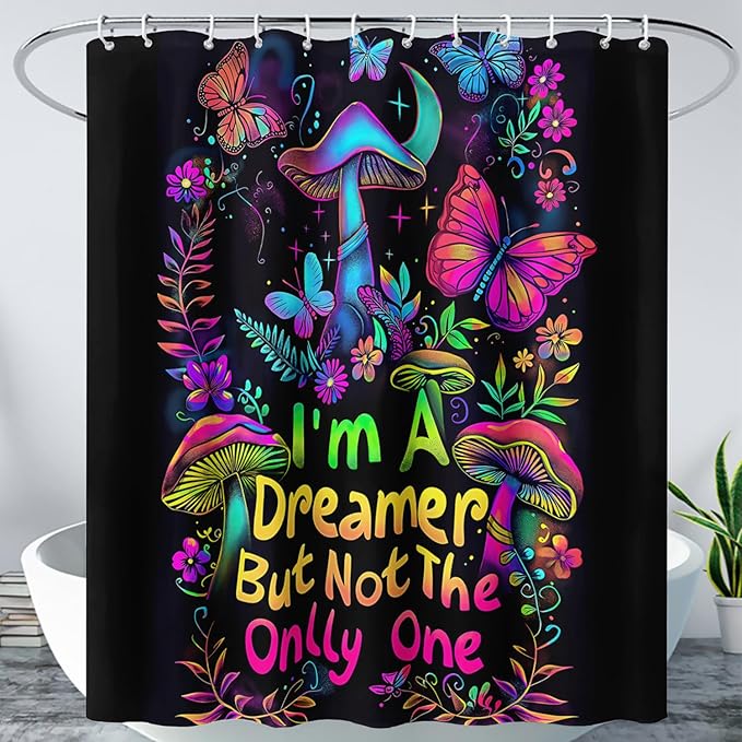 AILONEN Mushroom Shower Curtain,Colorful Butterfly Flower Decoration,Polyester Fabric,Waterproof,Botanical Fungus Plants Black Bath Curtains Washable,with 12 Plastic Hooks, 36" W x 72" H