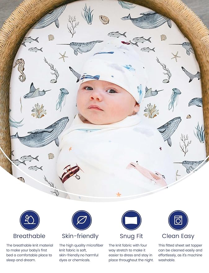 TotAha Premium Soft Bassinet Sheet for Boy Girl, Super Stretchy Jersey Knit Bassinet Fitted Sheet, Compatible with Halo, Maxi COSI, Mika Micky, SNOO, and Other Bassinet, 2 Pack (Sea Animal)