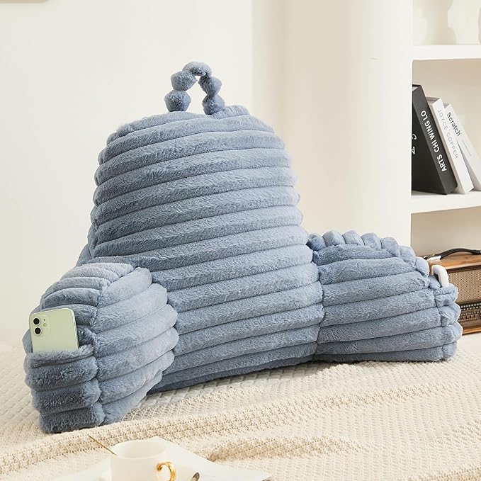 Faux Fur Fluffy Dusty Blue Reading Pillow with Pockets, Luxury Striped Plush Decorative, Arm Rests and Back Surport for Bed Rest, Lounging on sofa, Large