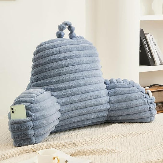 Faux Fur Fluffy Dusty Blue Reading Pillow with Pockets, Luxury Striped Plush Decorative, Arm Rests and Back Surport for Bed Rest, Lounging on sofa, Large