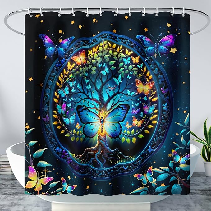 AILONEN Tree of Life Shower Curtain for Bathroom,Glowing Butterfly Starry Bath Curtain,Modern Tree Floral Print Curtain Decoration Waterproof with 12 Plastic Hooks for Boys Girls Adults 36" W*72" H