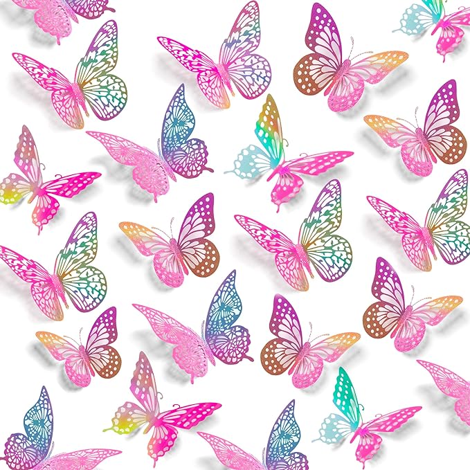 SAOROPEB 3D Butterfly Wall Decor, 48 Pcs 4 Styles 3 Sizes, Removable Metallic Wall Sticker for Kids Bedroom Nursery Classroom Party Decoration Wedding Decor DIY Gift (Laser Pinkpurple)