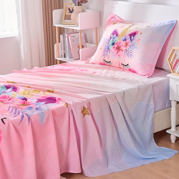 VIVILINEN Twin Size Bed Sheets Set for Kids Girls 3 Piece Pink Unicorn Kids Sheets Set Toddler Twin Bedding Set Include Flat Sheet, Deep Pocket Fitted Sheet and Pillowcase