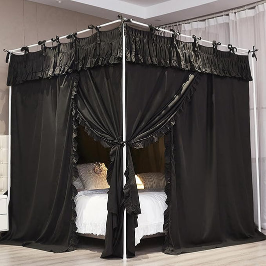 Ruffle Lace up 4 Corners Post Princess Curtain Bed Canopy Cozy Breathable Mosquito Net Cloth for Girls Adults Bedroom Decoration (Black, 53" W*78" L*82" H/Full)