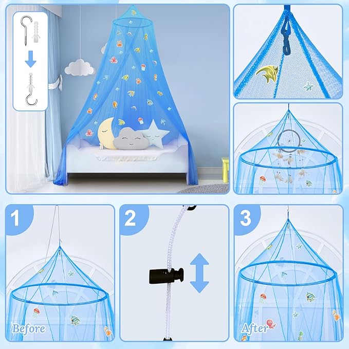 South to East Bed Canopy for Children with Glowing Marine Life, Blue Bed Curtains for Kids Bed & Toddler Bed, Twin, Full & Queen Bed, Mosquito Net Canopy for Boys Bedroom