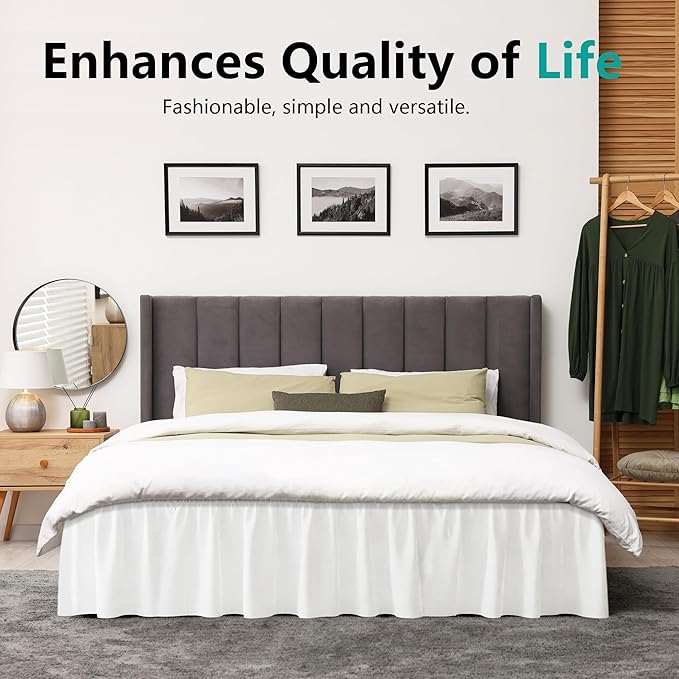 WVM Wrap Around Ruffled Dust Ruffle Bed Skirt with 15" Long Drop for Queen Bed, Feature White Adjustable Buckles, Easy to Install, Wrinkle-Resistant, Fade-Resistant, Soft, Stylish, Machine Washable