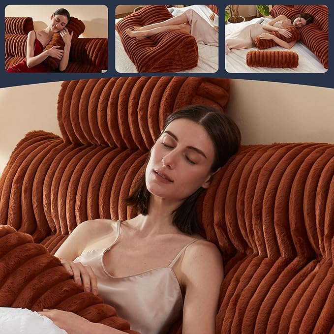 Faux Fur Headboard Pillow with 2 Pack Neck Roll Pillow Large Headboard Pillow Soft and Supportive with Removable Cover (Brown, Queen)