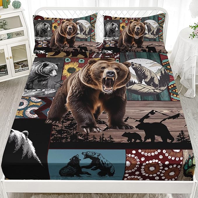 AILONEN Roaring Bear Fitted Sheet Set Queen Size, Rustic Cabin Bed Sheet Set,Wildlife Bedding Grey Bear Plaid Sheet Set,3 Pieces Teen Men Boys Bed Sheet Set,1 Fitted Sheet with 2 Pillowcases
