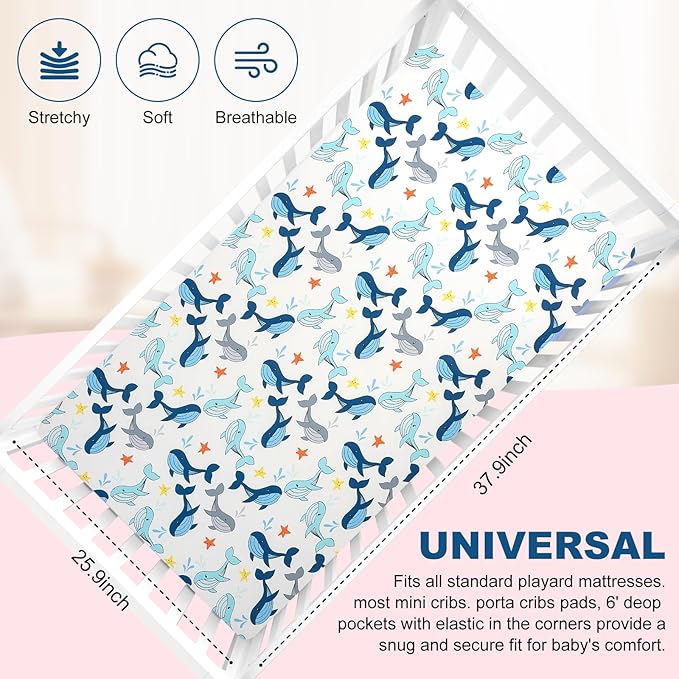 Pack n Play Fitted Sheet. 2 Piece Mini Crib Sheet. Elastic Playard Sheet. Portable Sheet Set. Elastic Convertible Playard Set. Compatible with Graco Pack n Play (Whale and Lion)