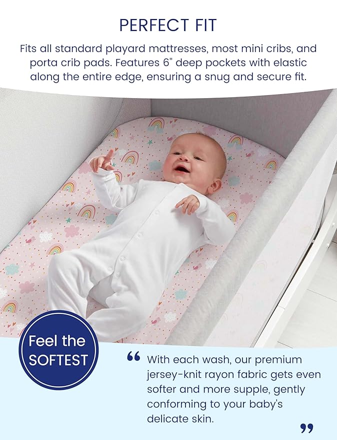 TotAha Premium Soft Pack n Play Sheets, Super Stretchy Jersey Knit Mini Crib Sheets Fitted, Silky Comfort Pack and Play Mattress Sheets, 2 Pack (Rainbow)