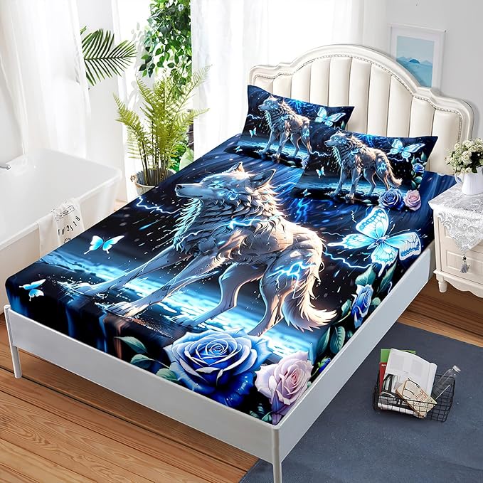AILONEN Wolf Fitted Sheet Set Twin Size, Blue Lightning Wolf Butterfly Safari Wolf Bed Sheet Set,3 Pieces Teen Boys Sheet Set,Cool Wolf Fitted Sheet with 2 Pillowcases