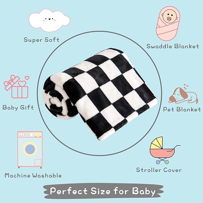 Checkered Baby Blanket Fleece Baby Blankets for Boys Girls, Ultra Soft Cozy Fluffy Infant Toddler Newborn Receiving Blankets for Crib Stroller, 30''x40'', Black
