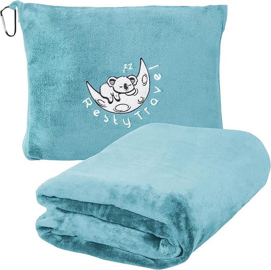 Resty Travel Blanket - Compact Airplane Blanket with Bag - Small and Lightweight Traveling Blanket & Pillow - Portable Blankets with Carabiner for Easy Transport - Plane Train Car (Baby Blue)