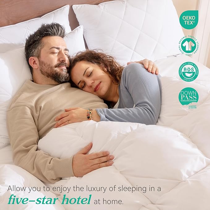 Three Geese White Goose Feather Bed Pillows Queen Size Set of 2- Soft 600 Thread Count 100% Cotton, Medium Firm,Soft Support Surround Fill Polyester (Queen Size:Pack of 2)