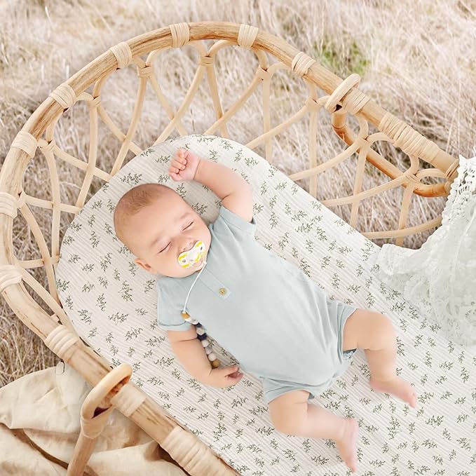 Muslin Bassinet Sheets Baby: Cotton Bassinet Sheets Fitted for Boys and Girls - Bassinet Sheets for Oval Rectangle or Hourglass Mattress(Lotus Leaf)