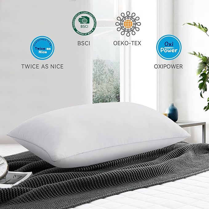 puredown® Goose Feather Bed Pillow with 100% Cotton Cover, 1 Pack, Standard Size Hotel Collection Pillow for Sleeping with Silver Piping