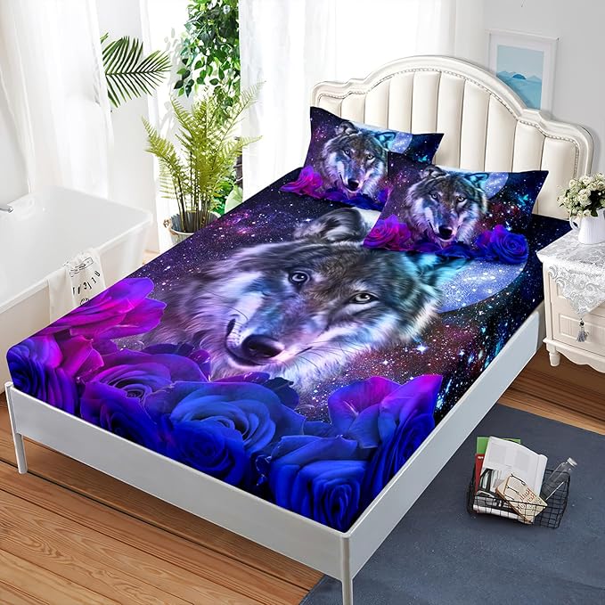 AILONEN Wolf Print Fitted Sheet Set Twin Size, Moon Galaxy Wolf Bed Sheet Set Twin,3 Pieces Twin Romantic Blue Rose Wolf Fitted Sheet with 2 Pillowcases