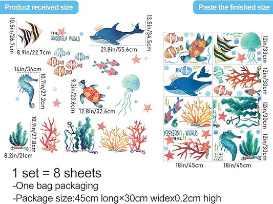 8 Sheets Under The Sea World Wall Decals Ocean Animals Wall Decals Removable DIY Ocean Fish Seahorse Coral Turtle Wall Decor for Kids Baby Bathroom Bedroom Living Room Playroom TV Wall Decor