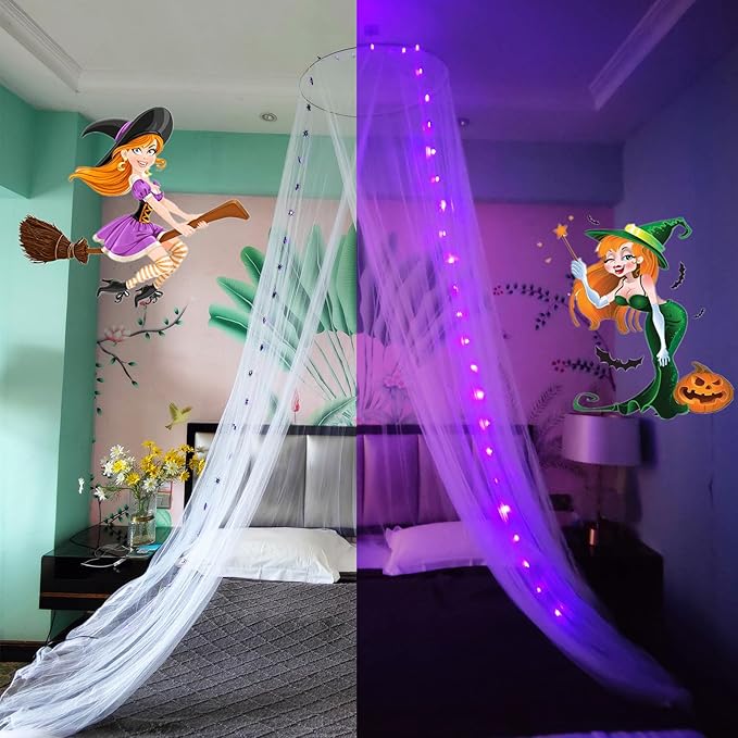 Eimilaly Spider Bed Canopy Mosquito Net with Purple Lights for Halloween Decor - Bed Canopy for Adults, Babies, White/Single Door