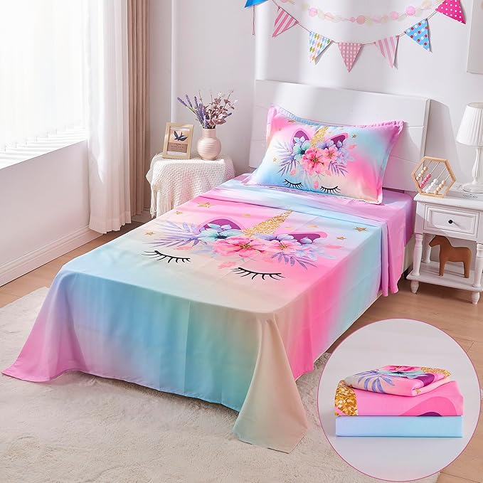 VIVILINEN Twin Size Sheet Set 3 Piece Rainbow Unicorn Kids Bed Sheets Set for Girls Kids Bedding Sheets Toddler Twin Bedding Set Include Flat Sheet, Deep Pocket Fitted Sheet and Pillowcase
