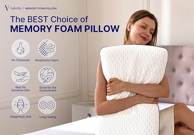 Vaverto Queen Size Gel Memory Foam Pillow - Ventilated, Orthopedic, Bed Pillow, Cooling, with Viscose Made from Bamboo Cover - Essential for College Dorms