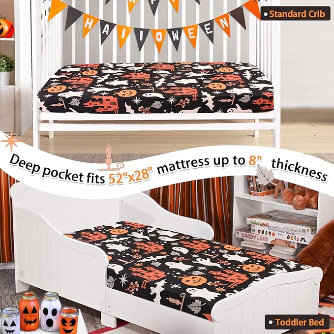 JISEN Halloween Crib Sheet Ghosts Fitted Crib Sheet for Boys Girls Crib Mattress Cover Baby Sheet for Standard Crib and Toddler Mattress Soft Breathable Baby Bed Sheet for Neutral 52x28 Inch Castles