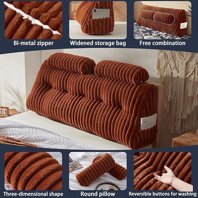 Faux Fur Headboard Pillow with 2 Pack Neck Roll Pillow Large Headboard Pillow Soft and Supportive with Removable Cover (Brown, Queen)