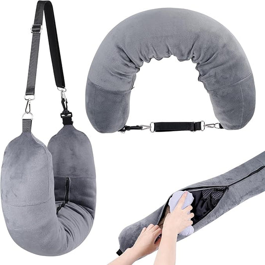Stuffable Pillowcase Travel for Extra Luggage Velvet Stuffable Neck Pillows Storage Fits Short Trip Essential Multifunctional Adjustable U-Shaped Gray