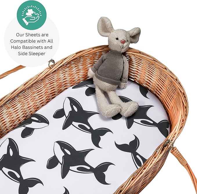 TansyPanda Bassinet Sheets for Baby Delight Snuggle Nest, Chicco LullaGo, Snoo Smart, Fisher Price, 4PC, 30 x 18 Inch, Ultra Soft, Breathable, Snug Fit, Unisex Boys Girls, Gray White (Ocean Fish)