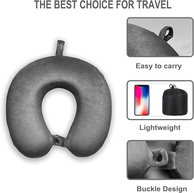Neck Pillow for Airplane Travel, 100% Pure Memory Foam Travel Neck Pillow for Sleeping & Travel Essentials for Neck Rest, Deep Grey, Pack with Box