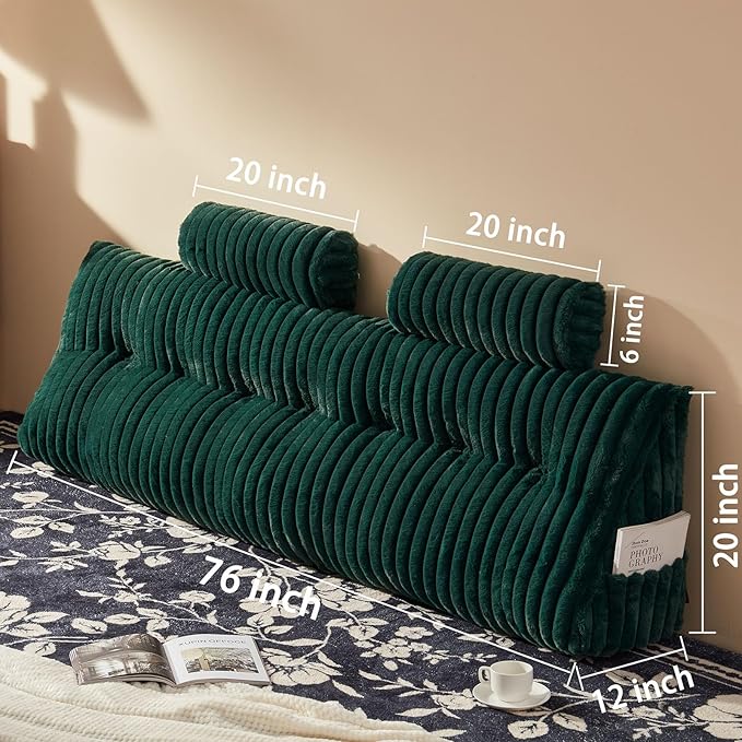 Faux Fur Headboard Pillow with 2 Pack Neck Roll Pillow Large Headboard Pillow Soft and Supportive with Removable Cover (Green, King)