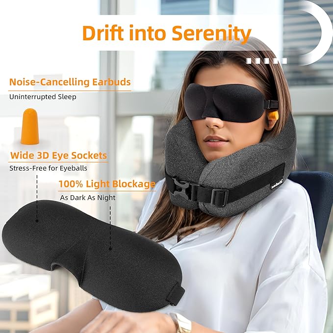 Neck Pillow Airplane Travel Set - Pure Memory Foam Travel Neck Pillow, Plane Pillow for Long Flights Essentials, Sleeping Travel with 3D Contoured Eye Mask, Earplugs, Portable Bag (Gray)