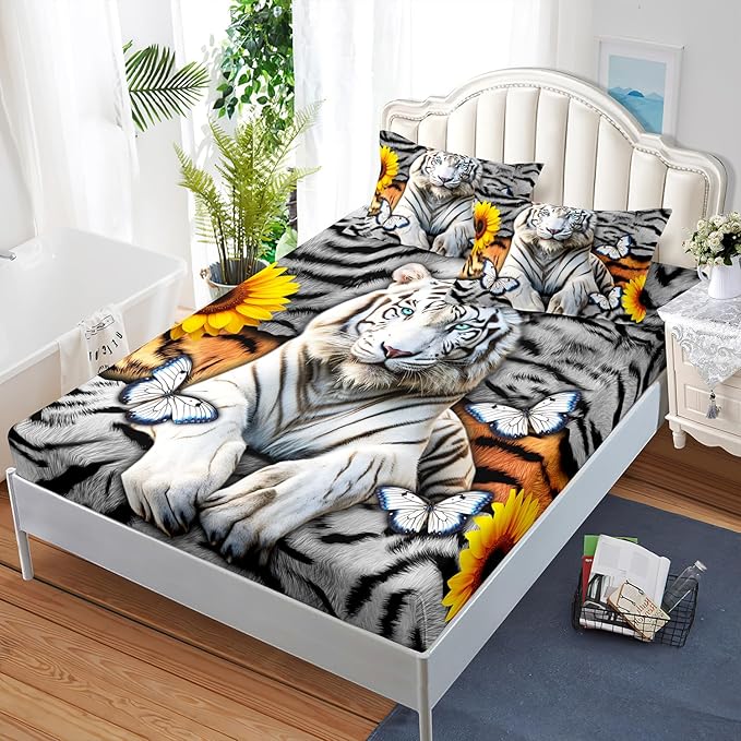 AILONEN Tiger Fitted Sheet Set Full Size, 3 Pieces White Tiger Fur Printed Bed Sheet Set,Kids Boys Girls Sunflower Tiger Sheet Set,Butterfly Tiger Fitted Sheet with 2 Pillowcases
