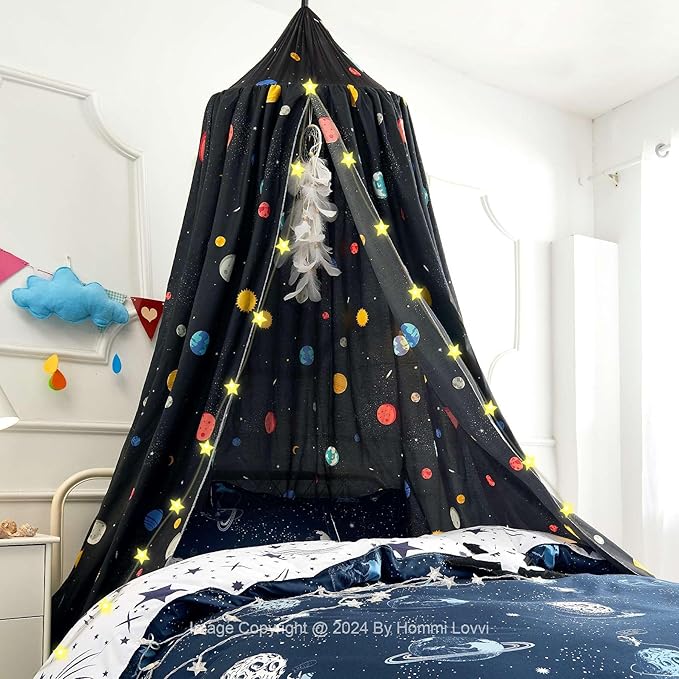 Space Planets Print Kids Bed Canopy, Girls Princess Bed Canopy Dreamy Room Decor, Soft Hanging Reading Nook Play Tent Canopy, Extra Large Full Size Bed Canopy with String Light
