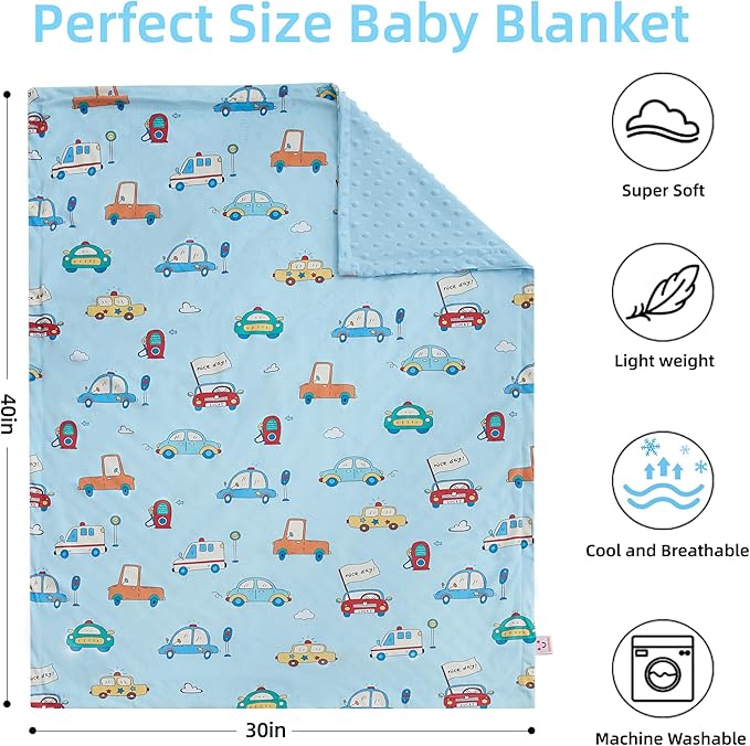 Baby Blanket for Boys Girls Super Soft Blanket,Fluffy Cool Lightweight Baby Receiving Blankets,Double Layer with Dotted Backing for Toddler Nursery (Blue, car30*40in)