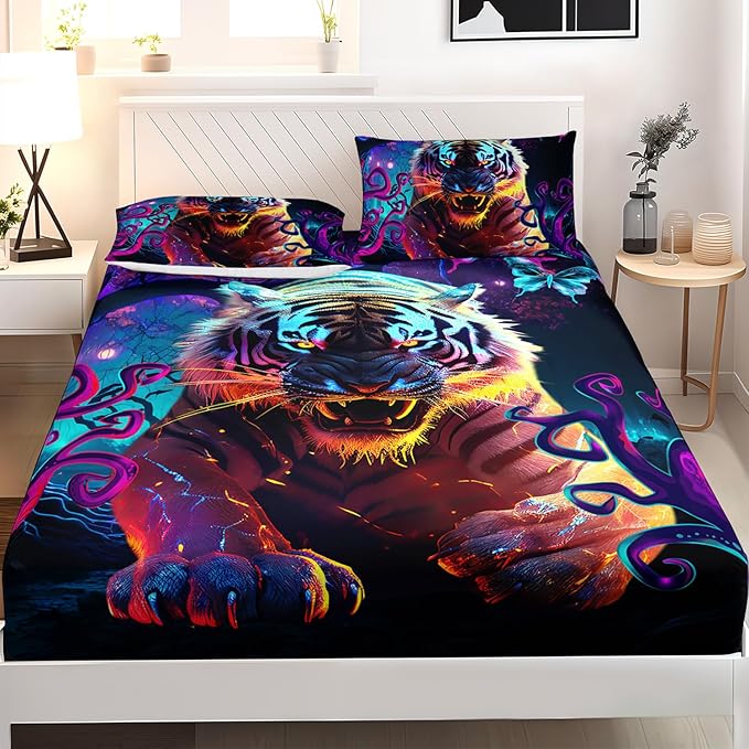 AILONEN Tiger Fitted Sheet Set Queen Size, Purple Magic Forest Fierce Tiger Bed Sheet Set for Boys Girls,Howling Tiger Soft Breathable Fitted Sheet and 2 Pillowcases,3 Pieces