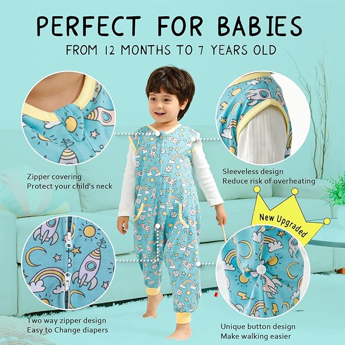 WONDAY Toddler Sleeping Sack, Sleep Sack 3t-5t, Sleep Sack with Legs Baby Wearable Blanket, Toddler Sleep Sacks with Feet, Sleeveless Cotton Sleep Sack for Toddlers