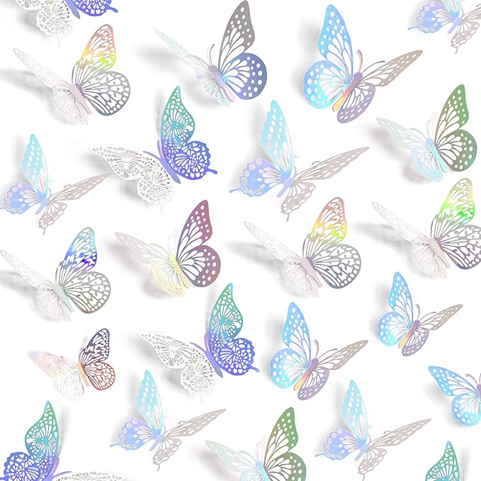 SAOROPEB 3D Butterfly Wall Decor 48 Pcs 4 Styles 3 Sizes, Butterfly Birthday Decorations Butterfly Party Decorations Cake Decorations, Removable Stickers (Laser)