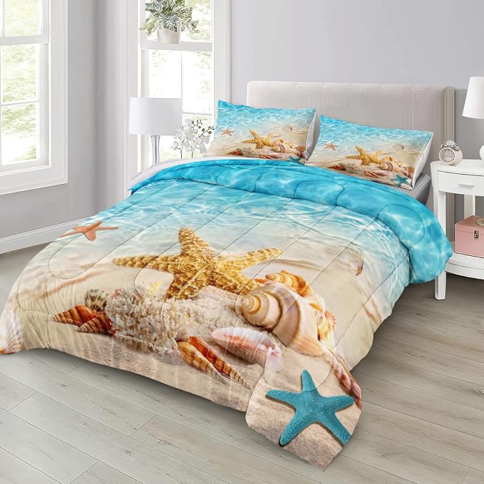 Bedbay Beach Theme Comforter Set King Size Coastal Bedding Set 4 Pcs Starfish Shell Conch Sea Life Printed Ocean Comforter Set King Bedding Set Beach Themed Room Decor (Aqua,King)