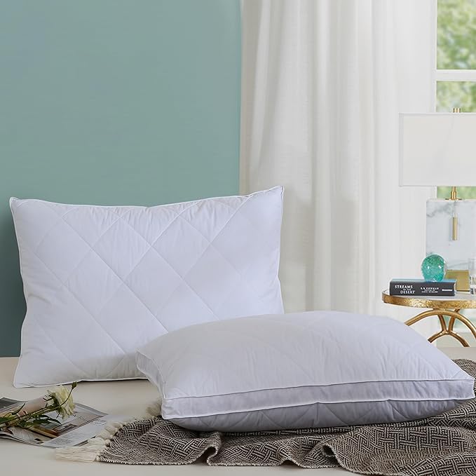 Three Geese Pack of 2 White Goose Feather Bed Pillows Queen/Standard Size- Soft 600 Thread Count 100% Cotton, Medium Firm,Soft Support Surround Fill Polyester,White Solid