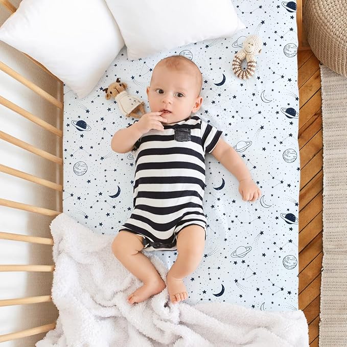 JISEN Baby Crib Sheet 1 Piece Portable Fitted Crib Sheet for Standard Crib and Toddler Mattresses Nursery Bed Decor for Boys Girls 28x52 Inch Stars Planets