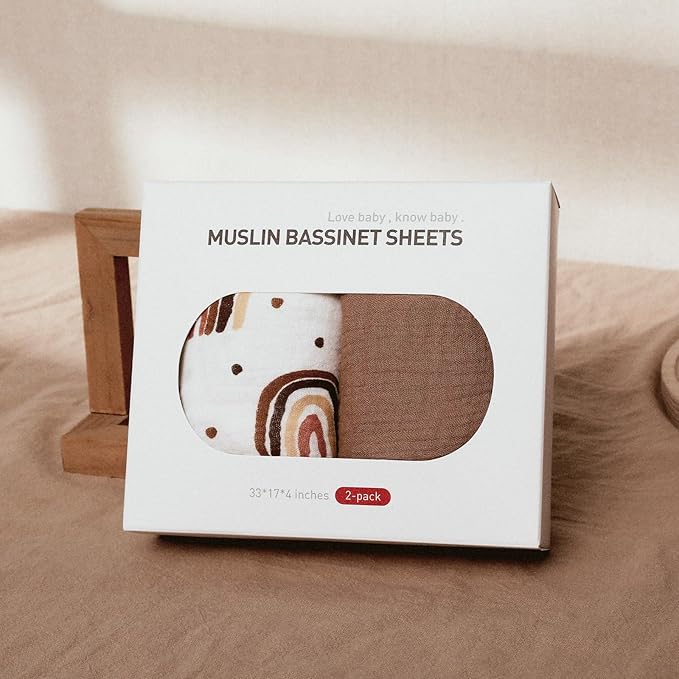 Muslin Bassinet Sheets 2 Pack for Baby Boy and Girl, Breathable Elastic Cozy Fitted Cotton Bassinet Mattress Sheet, Universal Fit for Hourglass Oval and Rectangle Bassinet Mattress (Cute Rainbow)