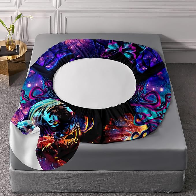 AILONEN Tiger Fitted Sheet Set Full Size, Purple Magic Forest Fierce Tiger Bed Sheet Set for Boys Girls,Howling Tiger Soft Breathable Fitted Sheet and 2 Pillowcases,3 Pieces