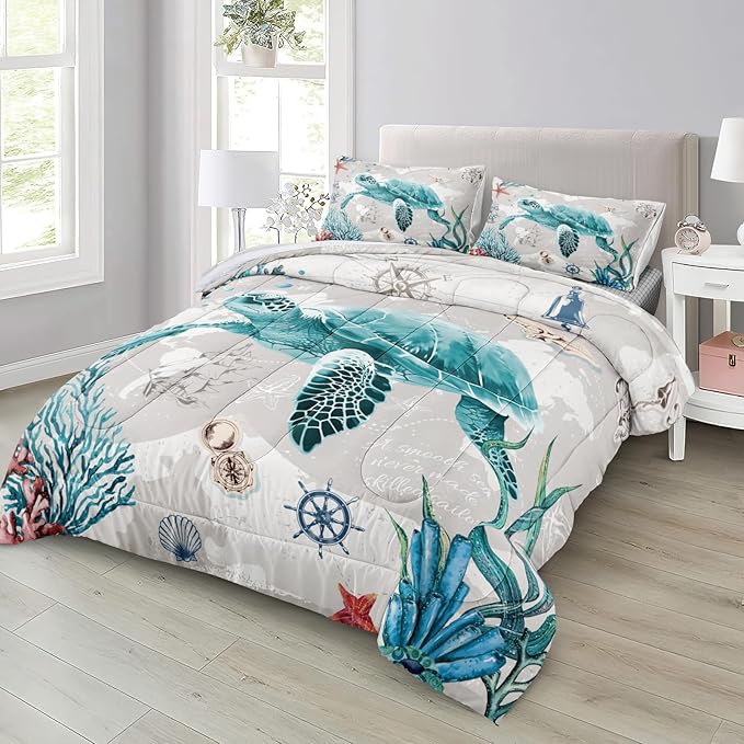 Bedbay Coastal Bedding Set Sea Turtle Comforter Set Queen Size for Girls Boys Soft Lightweight Ocean Bedding Quilt Set Beach Room Decor 4 Pcs Retro Turtle Beach Theme Duvet Insert(Turtle,Queen)